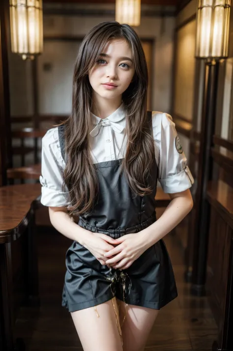 high resolution photograph of a beautiful female idol, (masterpiece,best quality),(realistic, photo-realistic),RAW Photo, 8k, solo, 1girl, full body, detailed face, detailed eyes, thin nose, (dark hair, long straight hair:1.2), (waitress uniform:1.3), (des...