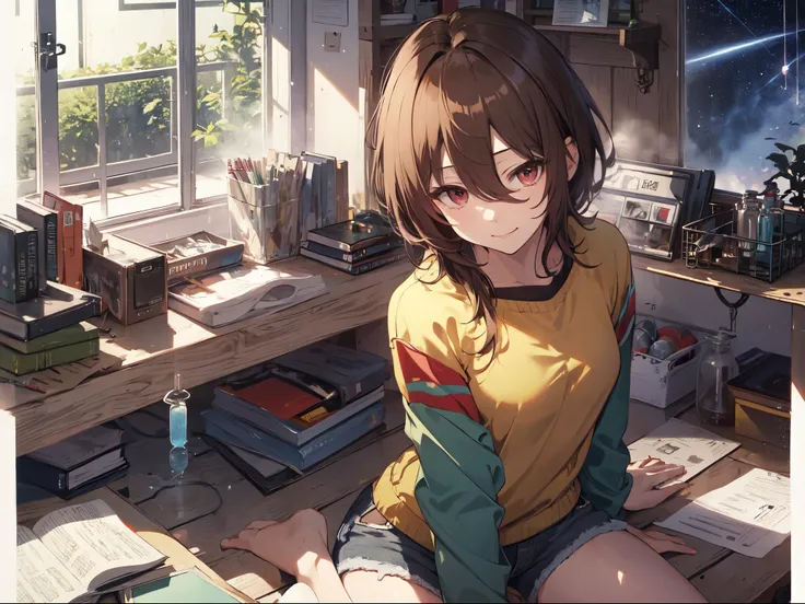 alone、alone、Human Girl、Human Ear、(Wear lots of test tubes )、(green denim shorts)、smile、 forward leaning、slouch、Kneeling、Focus on the chest、 rose garden、 starry sky 、 Hi-Res, masterpiece, accurate, anatomically correct, won numerous awards, best quality, te...