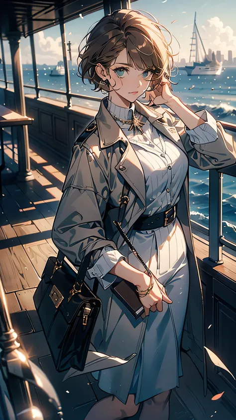 Isabelle Lockwood, a sharp and determined journalist, stands near the railing of a luxurious cruise ship. She wears a chic yet practical beige trench coat over a stylish navy dress, her short brown hair cut neatly in a bob. Her intelligent green eyes caref...