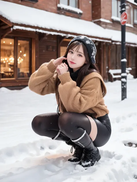 (((masterpiece))), ((( best quality: 1.4))), ((Super detailed: 1.4)) , Cinema lighting, Clear Snowy Fields 、 Incredibly Cute 、 Beautiful Girl、Very popular idol、 clear skin 、 white skin、 Midwinter Fashion 、 thick tights 、 Short Boots、 squatting、 Shot at ran...