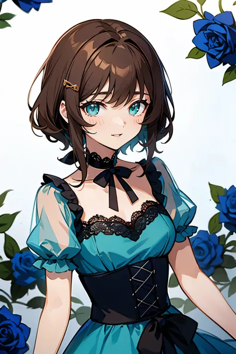 (masterpiece:1.2), (high quality:1.2), girls with(((1girl, solo, Sashinami Shoko, Valvrave, hair clips, Blue roses, Dress, Lace dress, Brown hair, Green eyes, medium hair, Ribbon