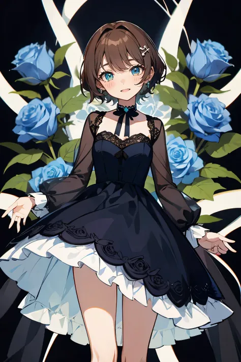 Sashinami Shoko, Valvrave, hair clips, Blue roses, Dress, Lace dress, Brown hair, Green eyes, Short hair, Ribbon