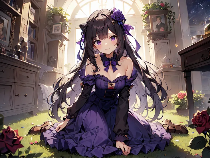 alone、ソロ、human girl、human ear、(purple ruffle costume ）、( purple frill long skirt)、smile、 forward leaning、slouch、kneeling、focus o...