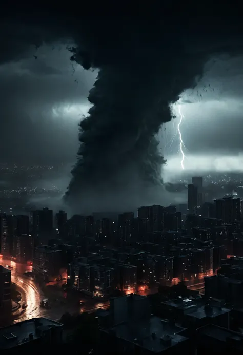 wallpaper (8K quality) very detailed, tornado storm destroying the city. has faint red eyes (lightning strikes) (scary)(Intimidation) (Cinematic) (rain fog) (human angle) Ensure high resolution, realistic picture, LORA dark dramatic chiaroscuro lighting - ...