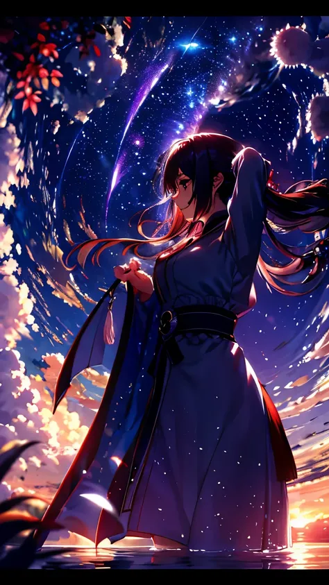 ((Silhouette Art)), The sadness of Orihime, who was separated from her by the Milky Way, is conveyed., She stretches out her right arm in farewell., close, profile, Top view.
