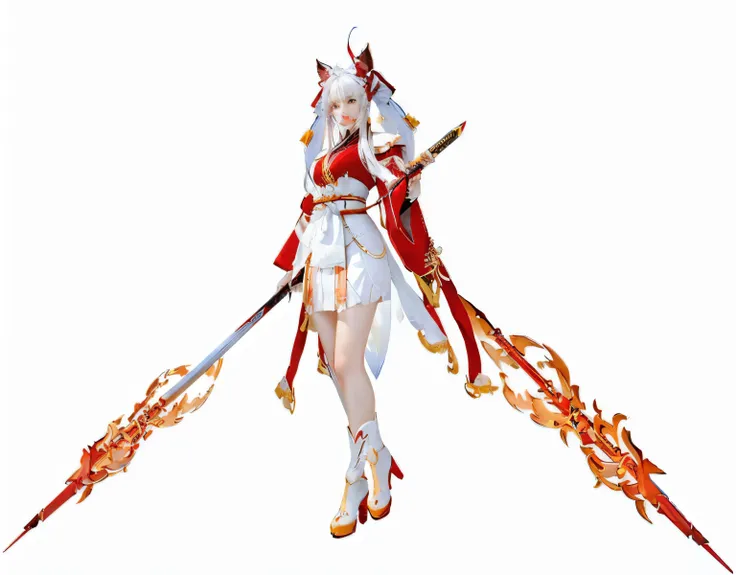 a close up of a woman in a red dress holding a sword, full body xianxia, white haired deity, characters from azur lane, azur lane style, from the azur lane videogame, onmyoji, appears as the fire goddess, ayaka genshin impact, inspired by Ju Lian, fox nobu...