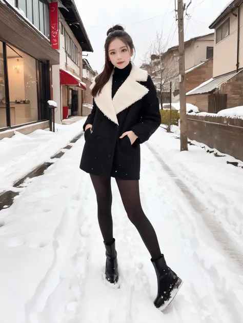 (((masterpiece))), ((( best quality: 1.4))), ((Super detailed: 1.4)) , Cinema lighting, Clear Snowy Fields 、 Incredibly Cute 、 Beautiful Girl、Very popular idol、 Midwinter Fashion 、 thick tights 、 Short Boots、Poses to stand and make your legs look beautiful...