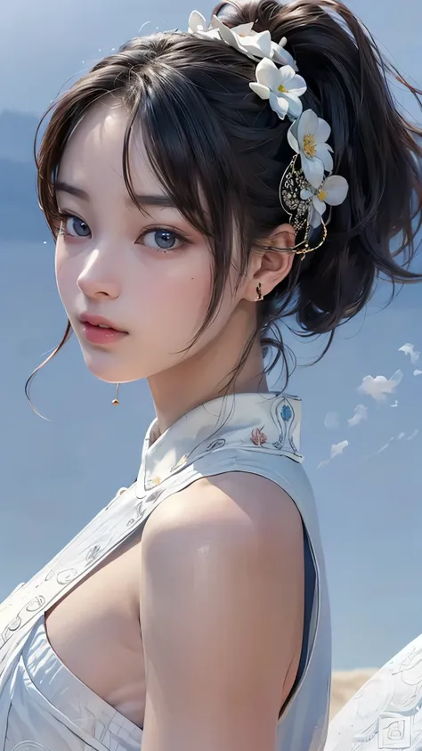 (masterpiece), (top class), (highly detailed), (illustration), (1girl), looking at the viewer, (interview), beautiful detailed eyes, delicate and beautiful face, floating, (high saturation), (shining), blue sky, bright and beautiful face, the skin is young...