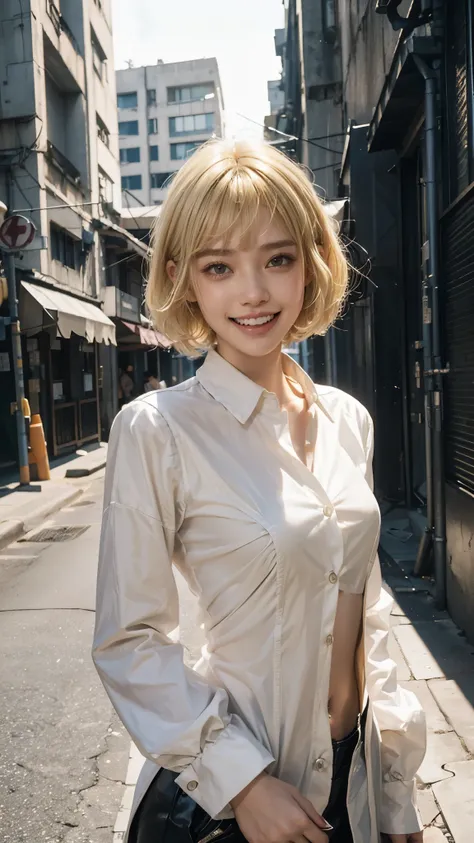  ( Cyberpunk ),  1 girl, slim body((  show your teeth and laugh:1.3)), short bob wolf cut colored tips,   long sleeve ,  watching viewers, curly hair, Short bangs,  open lips,  ((blonde portrait :1.3)),  Alone, WHITE shirt,  back alley background ,