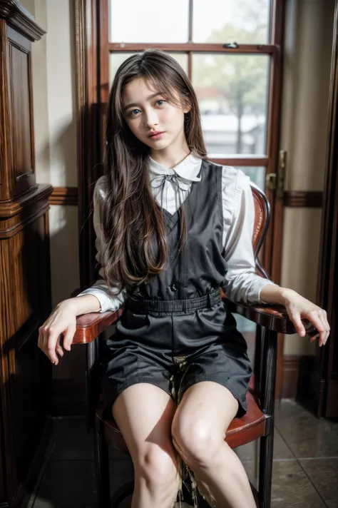 high resolution photograph of a beautiful female idol, (masterpiece,best quality),(realistic, photo-realistic),RAW Photo, 8k, solo, 1girl, full body, detailed face, detailed eyes, thin nose, (dark hair, long straight hair:1.2), (waitress uniform:1.3), (pee...