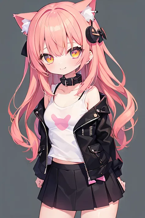 ((  one girl  ))、((pink hair with a sense of transparency))、(( bright orange eyes))、 wicked smile 、((green))、  earrings for a woman alone、A single womans 、((  small breasts))、((  black t-shirt  ))、(( black leather jacket))、((  check skirt))、Edge Skirt、Mult...