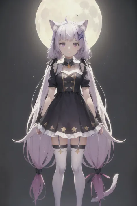 (masterpiece, best quality), solo, vtuber-fullbody, corneo_power, full body, (white backgound), 1girl, cat ears, cat tail, (height 157cm), (long hair, low twintails), ahoge, (Gradient hair from white to blue to purple), (beautiful eye), (left eye purple), ...