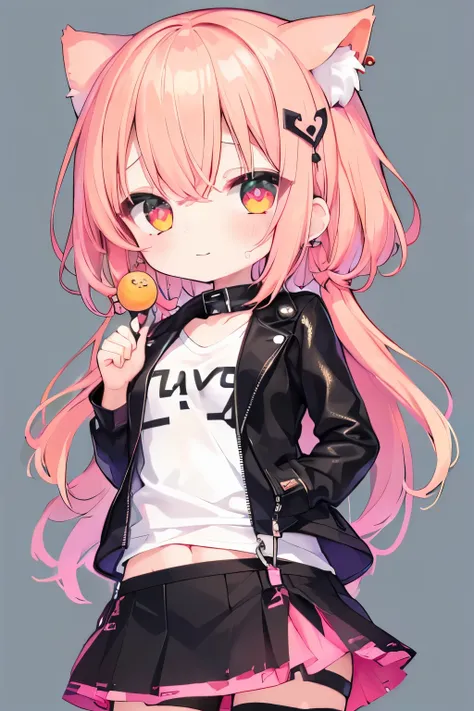 ((  one girl  ))、((pink hair with a sense of transparency))、(( bright orange eyes))、 wicked smile 、((green))、  earrings for a woman alone、A single womans 、((  small breasts))、((  black t-shirt  ))、(( black leather jacket))、((  check skirt))、Edge Skirt、Mult...