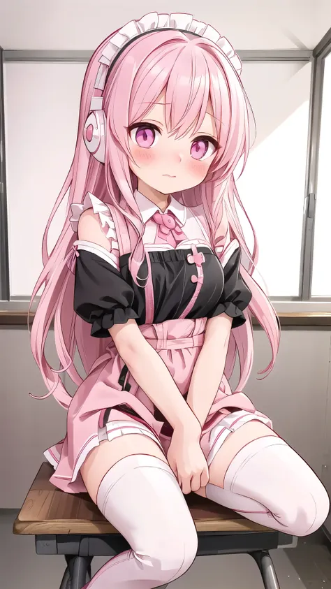 long pink hair，maid costume， pink eyes ， black headphones ，white boots， blush shy，classroom scene， embarrassment comes from ,  b...