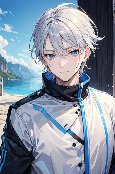 Young man, grey hair, blue eyes, smile face, handsome man, casual wear, cool boy, bad boy, tall man, close up, beautiful natural scenery