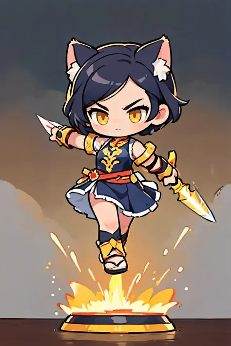 costume color yellow and red, short hair,  cat ears,  cute female warrior style, european rpg warrior ,  greek style outfit,  he...