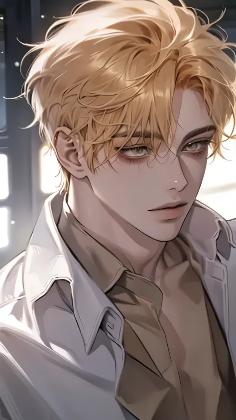 boy, short light yellow hair,  white skin ,  sharp eyes, ( white shirt),  seen from the side , Half-tied