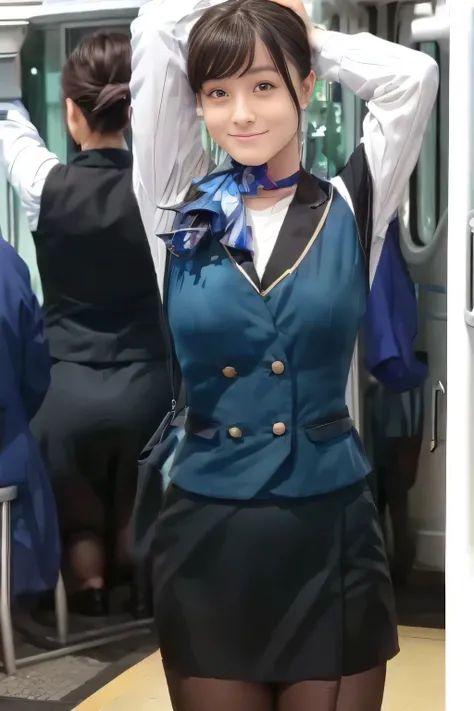 (masterpiece:1.2, best quality:1.2), 32kHDR, kampala, (Alone、 1 girl)、(What is 、 Professional Lighting)、In-flight background、(Nankai Train crew uniformを着たリアルなスタイル)、(( Nankai Train Crew Uniform Collarless Blouse Long Sleeve 、Black Curly Culotte Skirt 、S...