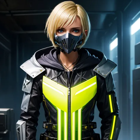 (futuristic), (outside), 1girl, (slender), blonde, messy short hair, (18 years old), (dark skin), (mercenary soldier),  slim face, half smile, (metal jacket), (hood), (mask), necklace, (belt), (cyber punk), yellow light, light face, looking away