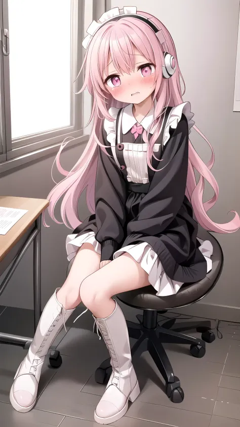 long pink hair，maid costume， pink eyes ， black headphones ，white boots， blush shy，classroom scene， embarrassment comes from ,  b...