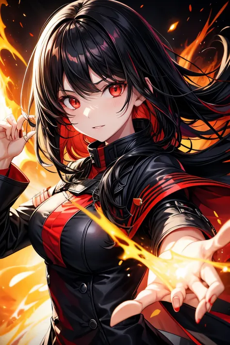 1girl, black hair, red eyes, fire witch, blood, light particles, light rays, wallpaper, high contrast, colorful