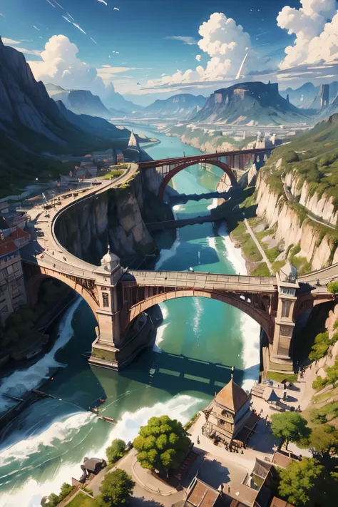 (masterpiece:1.2), extremely intricate details, ff14style, dynamic painting, depicting a bustling city with a majestic bridge spanning wide rivers, surrounded by towering giant mushrooms. The vast landscape bursts with vivid colors 