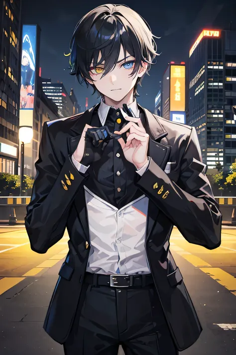 Young man, black short hair, heterochromia eyes blue in right eyes, yellow in left eye, handsome boy, cool boy, teenage boy, devil smile face, close up, badass, city background