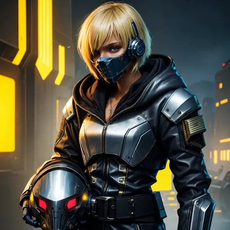 (futuristic), (outside), 1girl, (slender), blonde, messy short hair, (18 years old), (dark skin), (mercenary soldier),  slim face, half smile, (metal jacket), (hood), (mask), necklace, (belt), (cyber punk), yellow light, light face, looking away