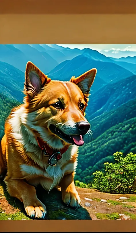 forest, Rio, mountains, ((close-up of a dog)), beautiful natural landscape, arte de Tony Sart e artgerm e randy vargas, Carlos Kopinski 