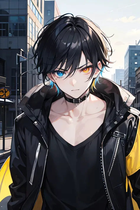 Young man, black short hair, heterochromia eyes blue in right eyes, yellow in left eye, cool boy, teenage boy, devil smile face, close up, badass, city background