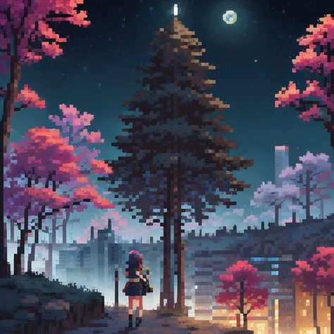 ((紫粉 City : 1.5)), (masterpiece), ( is the best quality: 1.0), ( Ultra High Resolution : 1.0), Detailed illustrations, Detailed Scenery , vibrant colors 紫粉 walking through the city, 8 K, night, Moon Clouds , ((magic, beautiful , Trees: 1.4 )), (( is the be...