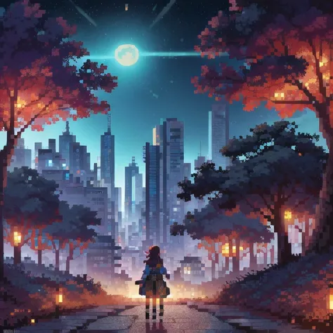 ((紫粉 City : 1.5)), (masterpiece), ( is the best quality: 1.0), ( Ultra High Resolution : 1.0), Detailed illustrations, Detailed Scenery , vibrant colors 紫粉 walking through the city, 8 K, night, Moon Clouds , ((magic, beautiful , Trees: 1.4 )), (( is the be...