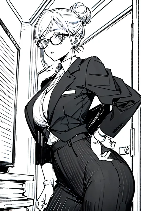 black and white, manga style, a severe secretary wearing office style clothes. she has a bun. wear big round glasses. shes very tall and athletic. her office clothes are very tight. athletic girl, fit 