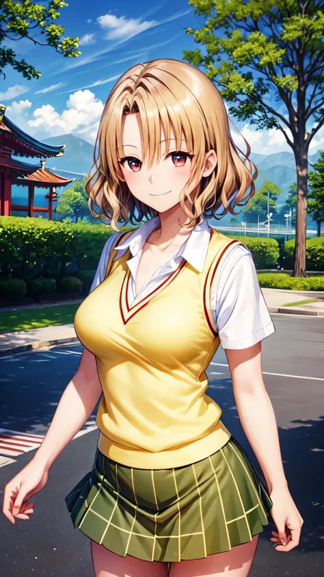 Momiokarisa ,   best quality,    1 girl, Alone,  short hair,   brown hair,   Brown Eyes  , Chest, clavicle,   school uniform,  Colored Shirt,   white shirt,   sweater vest, (  yellow vest  :1.1), Short sleeve,   checked skirt  ,    green skirt ,  charming ...