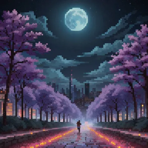 ((紫粉 City : 1.5)), (masterpiece), ( is the best quality: 1.0), ( Ultra High Resolution : 1.0), Detailed illustrations, Detailed Scenery , vibrant colors 紫粉 walking through the city, 8 K, night, Moon Clouds , ((magic, beautiful , Trees: 1.4 )), (( is the be...