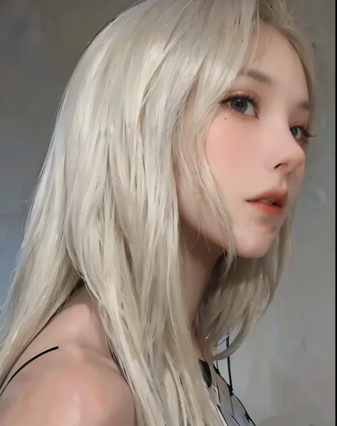 Woman with long blonde hair and a black top posing for a photo, with long white hair, flowing white hair, girl with white hair, blanco - blonde hair, with long and white hair, sol yunjoo, Pale fur, blackpink jossi portrait, Long and platinum blonde hair, s...