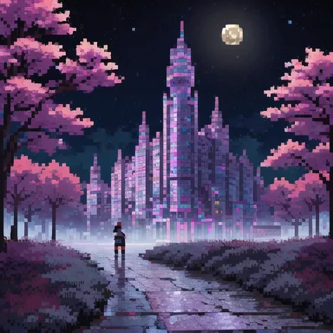 ((紫粉 City : 1.5)), (masterpiece), ( is the best quality: 1.0), ( Ultra High Resolution : 1.0), Detailed illustrations, Detailed Scenery , vibrant colors 紫粉 walking through the city, 8 K, night, Moon Clouds , ((magic, beautiful , Trees: 1.4 )), (( is the be...