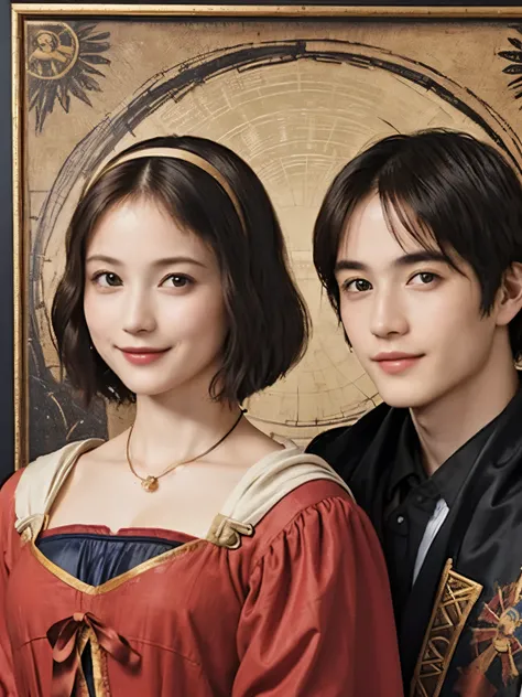 322 (A 20-year-old woman and a 20-year-old man), (   super real ), (High image quality), (   short hair ), (smile), ((   gorgeous costume   )), ((Da Vinci painting   ))