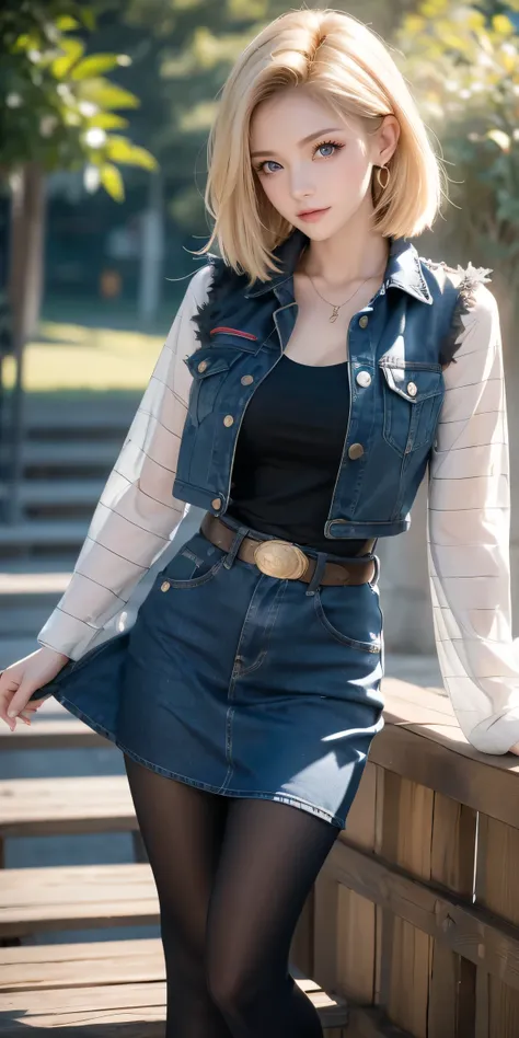 Android 18, Light Blonde hair, Medium hair shaggy cut for women, Blue Transparent eyes of Slavic Caucasians, She has sexy double eyelids above and below her eyes, The flash in the eyeballs is brilliant, Wearing round earrings, Tight Long sleeves with black...