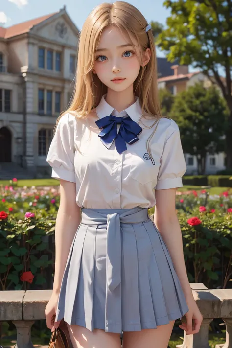 masterpiece, best quality, very detailed, Beautiful Girl, teenager, smaller breasts, thin waist,Blonde, perfect eyes, very cute, school uniform,Rose Garden