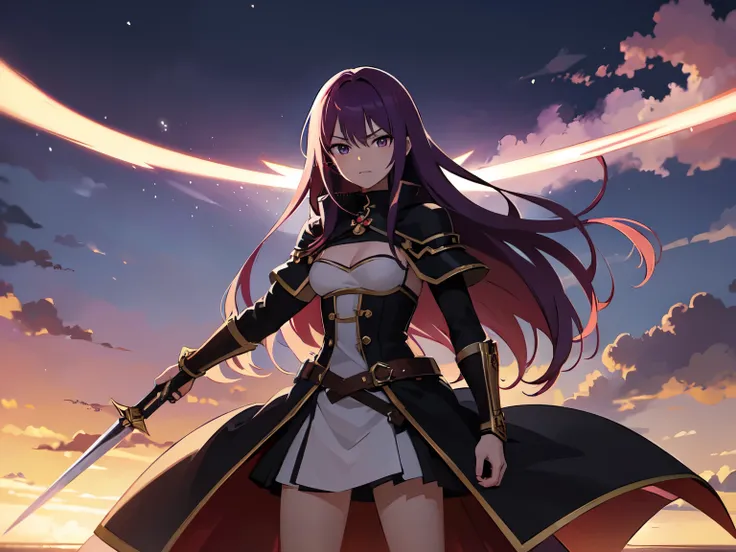  A group of powerful and sensual women from different animes ,  all on a devastated magical battlefield . among them,  a warrior with blond hair and shiny armor inspired by Aiz Wallenstein (Danmachi),  a dark wizard with purple hair bright eyes similar to ...