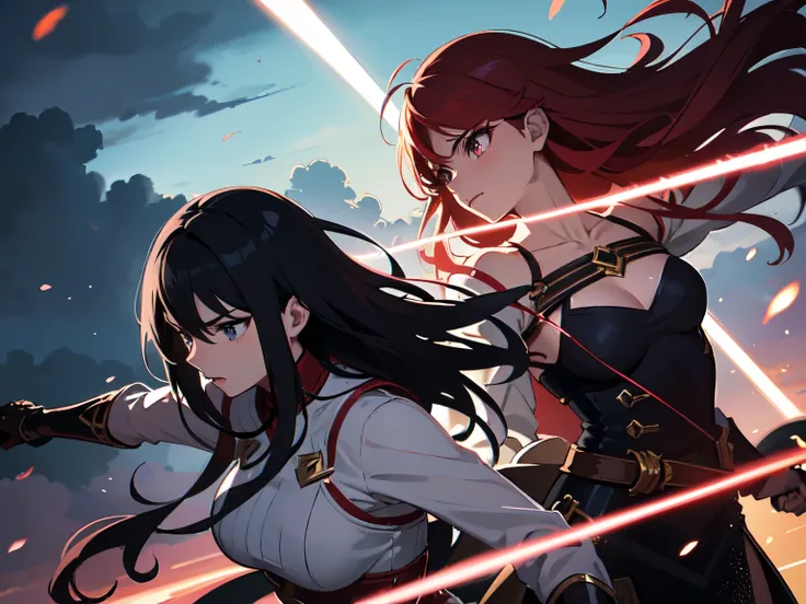  A group of several sexy anime-style women on a magical battlefield .  The characters have stylized and revealing clothes ,  including light armor ,  tight dresses and elegant combat costumes ,  each with a distinct look :  a blonde warrior in a confident ...