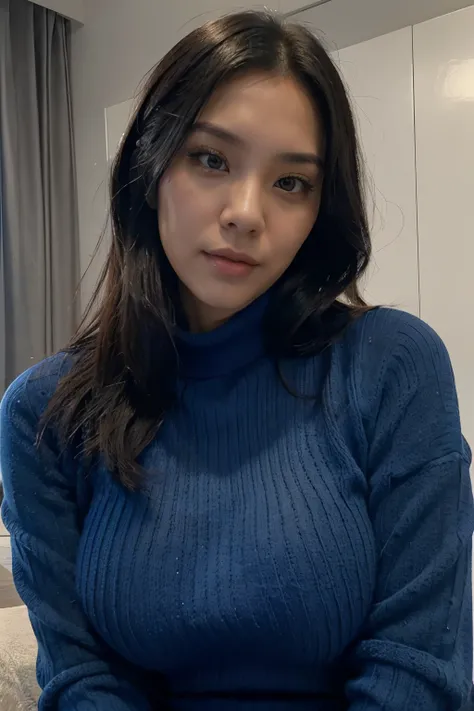 30 years old hong kong woman, blue knit outfit flat collar, huge breasts, black straight hair, closeup selfie