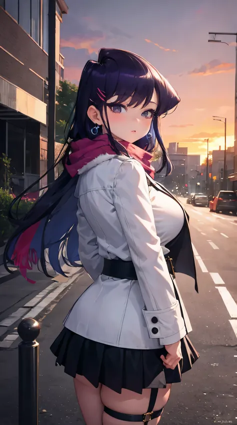 Komi Shouko, masterpiece, Best quality, 1 girl, 18 years, Big breasts, purple hair, multicolored hair, bangs, one side up, long hair, purple eyes, hairclip, earrings, skirt, long sleeves, jacket, belt, scarf, coat, fur trim, black belt, (street city backgr...