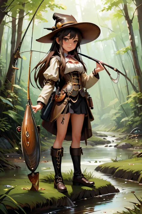 ( best quality:1.2)。steampunk。 one girl 。Steampunk Witch。 Little Cute Witch 。 light brown fluffy long hair。(((Standing on the bank of a forest stream)))。(((Im fishing with a fishing rod)))。