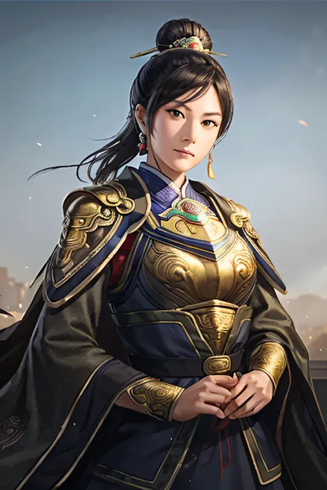 25 year old chinese woman,middle aged woman,realistic,chinese_armor,alone,background of ancient chinese cities,detailed_eye,shou...