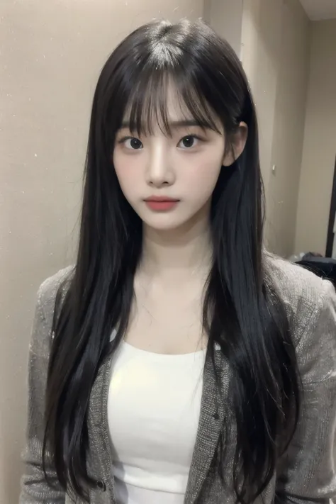  1 girl,Alone,Gray Hair,Colored Shirt,blazers, to Viewers , bangs,
 upper body, simple background
