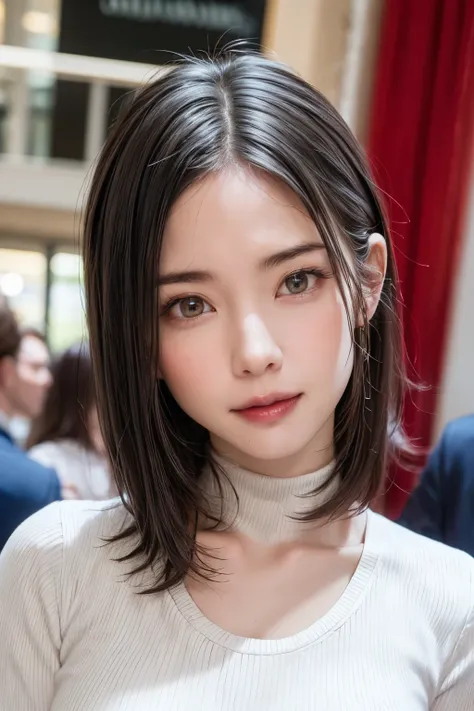 (  table top,   best quality、 High image quality:1.4、Very attractive beauty、  Highlights Eyes  、 camera :1.4、Attractive and beautiful woman、 ideal body shape、 perfect anatomy、  short brunette bob hair  、 Sparkling Hair、Bans:1.4、Shining Bang  :1.4、  lip glo...