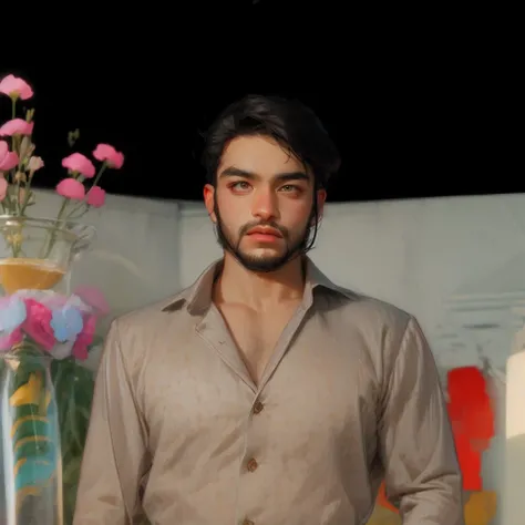 there is a man standing in front of a vase with flowers, very very low quality picture, kyza saleem, khyzyl saleem, very clear picture, edited in photoshop, profile pic, youtube video screenshot, full body photogenic shot, ash thorp khyzyl saleem, music vi...