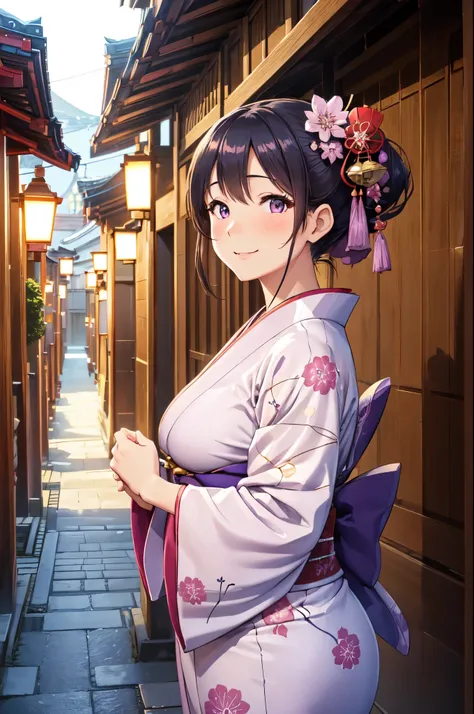 (High quality, High resolution, Fine details), streets of kyoto, detailed architecture and scenery of kyoto, traditional japanese light purple kimono, intricate patterns and designs, solo, curvy adult women, sparkling eyes, (Detailed eyes:1.2), smile, blus...